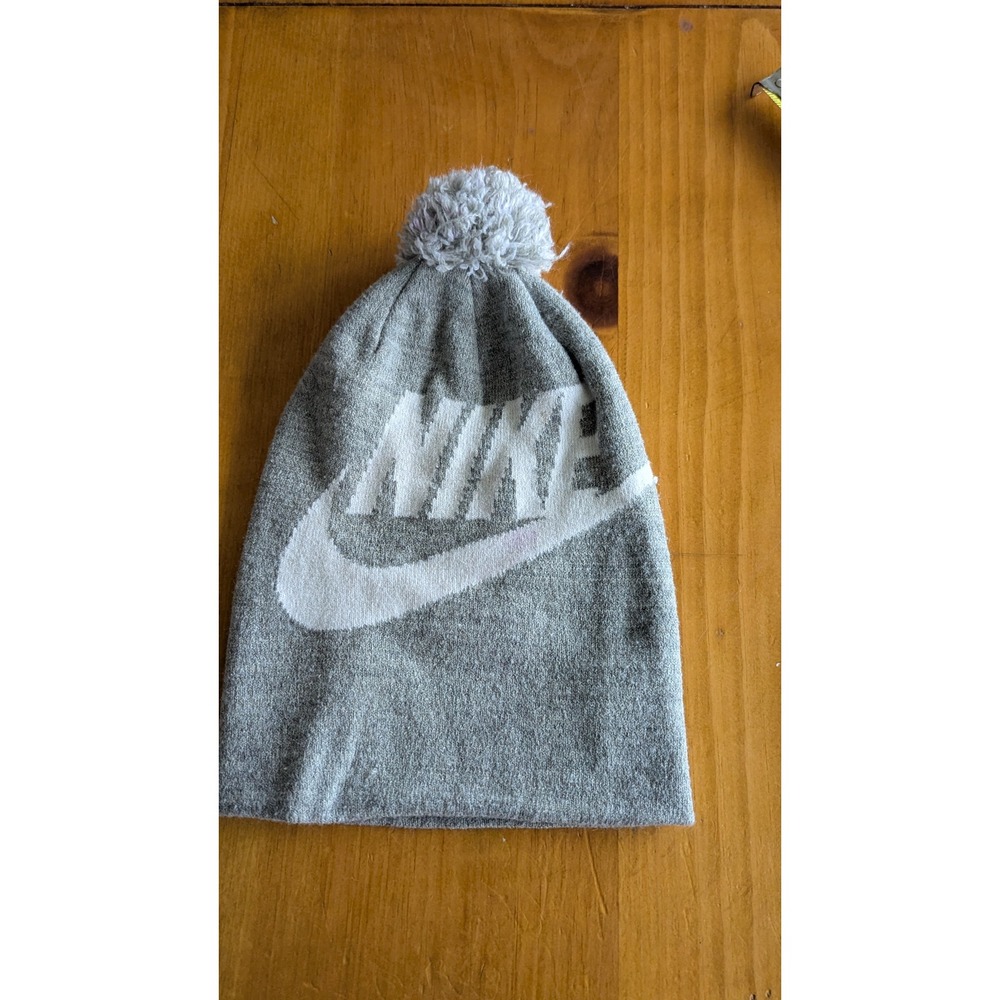 Nike‎ Youth Gray Pom Beanie Knit Hat White Logo Swoosh 2695-042